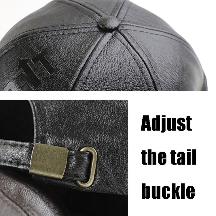 Black PU leather adjustable strap with gold-toned buckle on cap.