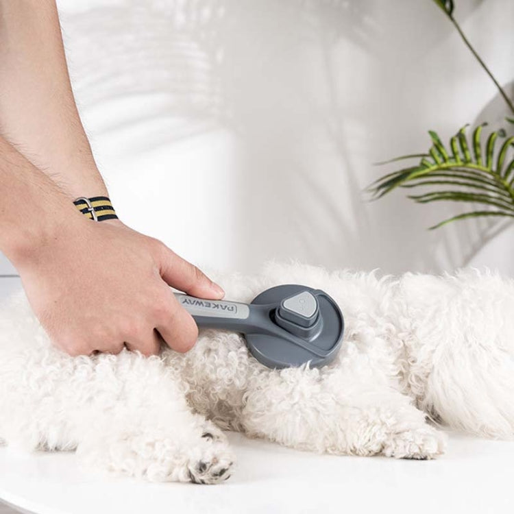 Self-cleaning pet hair brush comb with needle bristles, ergonomic handle on a white dog