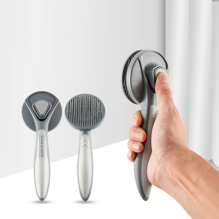 Pair of pet grooming brushes with round pin heads, gray and white handles