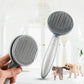 Pet grooming brushes with circular pin heads, gray and white, near small dogs