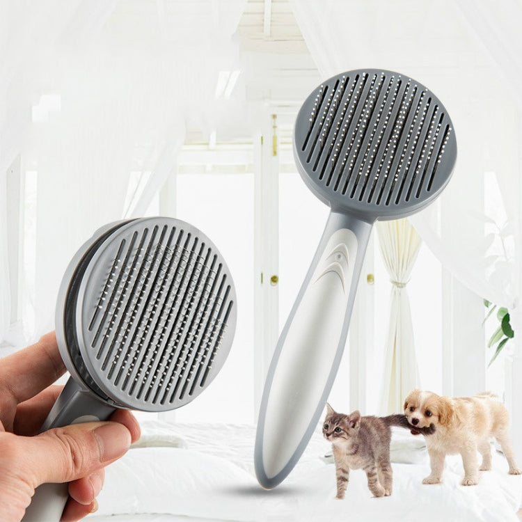Pet grooming brushes with circular pin heads, gray and white, near small dogs