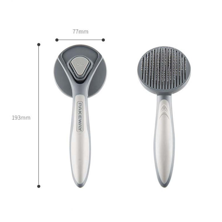Self-cleaning pet hair comb with retractable needle bristles and ergonomic handle, gray