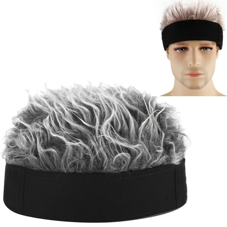 Retro skullcap wig hat with gray curly faux hair and black fabric band, no eaves