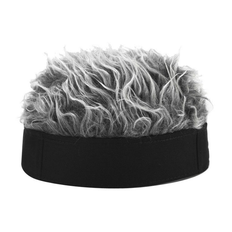 Gray curly faux-hair skullcap wig hat with black brimless fabric band