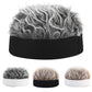 Skullcap wig hat with gray curly faux hair; shown in multiple hat color options