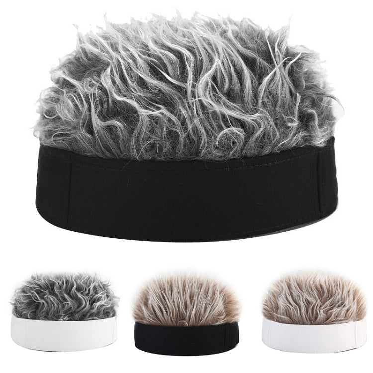 Skullcap wig hat with gray curly faux hair; shown in multiple hat color options