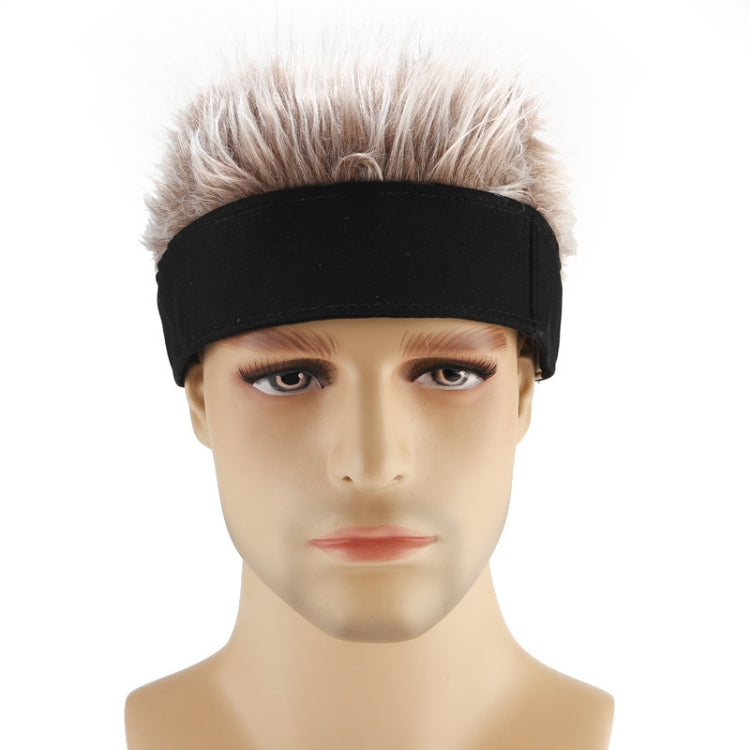 Skullcap wig hat on mannequin head with black band and light gray faux hair