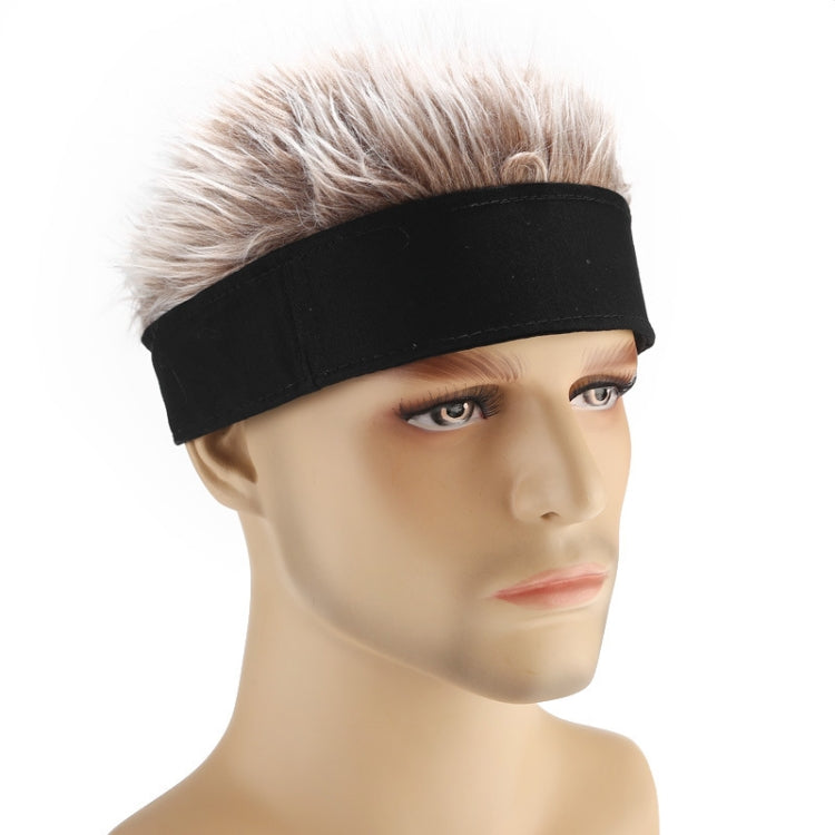 Angle view of skullcap wig hat: black band with light gray faux hair topper