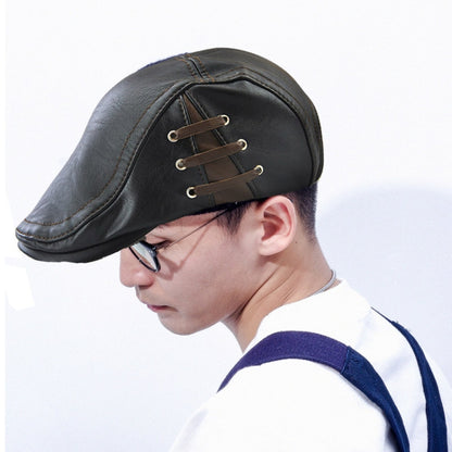 Black PU leather peaked cap with lace-up strap and metal eyelets, one size.