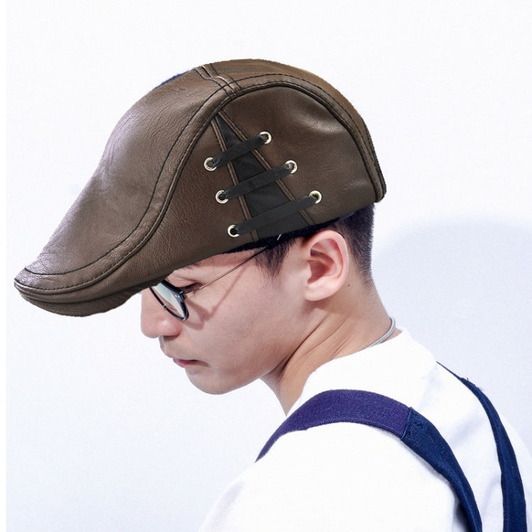 Light coffee PU leather peaked cap with lace-up strap and metal eyelets, one size.