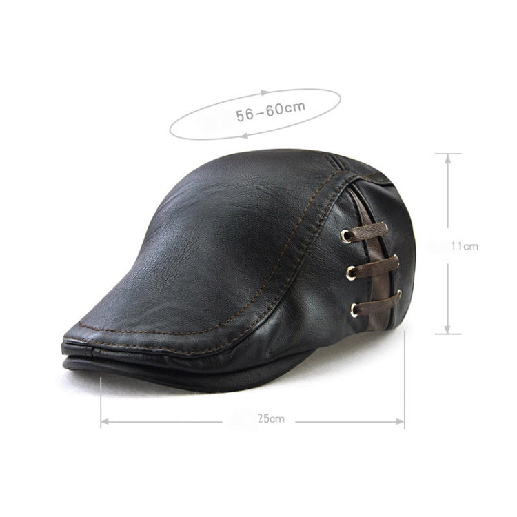 Black PU leather peaked cap with lace-up strap and metal eyelets, size shown.