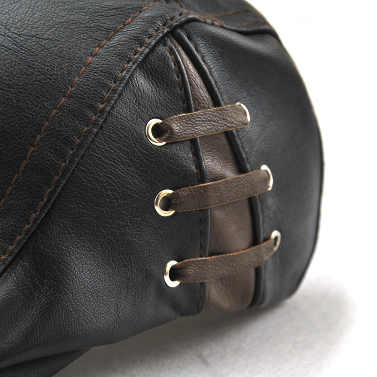 Close-up of black PU leather peaked cap lace-up strap with metal eyelets.