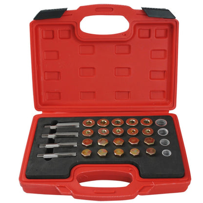 Oil drain screw repair tool set in red case, with hex bolts and washers