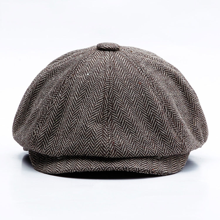 Octagonal snap beret hat in dark herringbone stripe fabric, pinched top