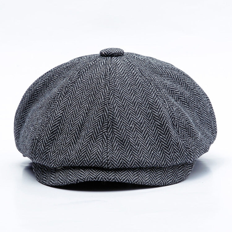 Octagonal snap beret hat in blue-gray herringbone pattern, pinched top