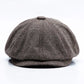 Octagonal snap beret hat with dark herringbone stripe weave and cuffed brim