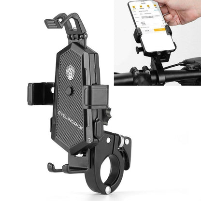 Bicycle phone holder with adjustable aluminum bracket for handlebar, black case, rotating mount