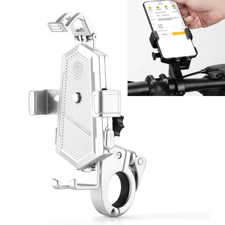 Bicycle phone holder, silver with rotating clamp arms for handlebar, holds a smartphone