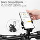 Bicycle phone holder on handlebar, black spring clamp opening with hand inserting phone