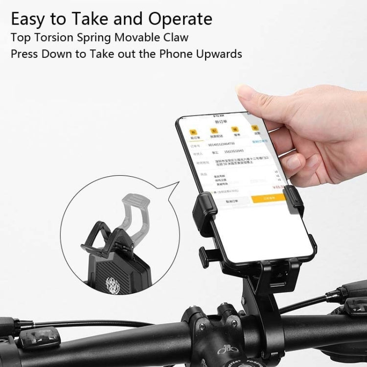 Bicycle phone holder on handlebar, black spring clamp opening with hand inserting phone