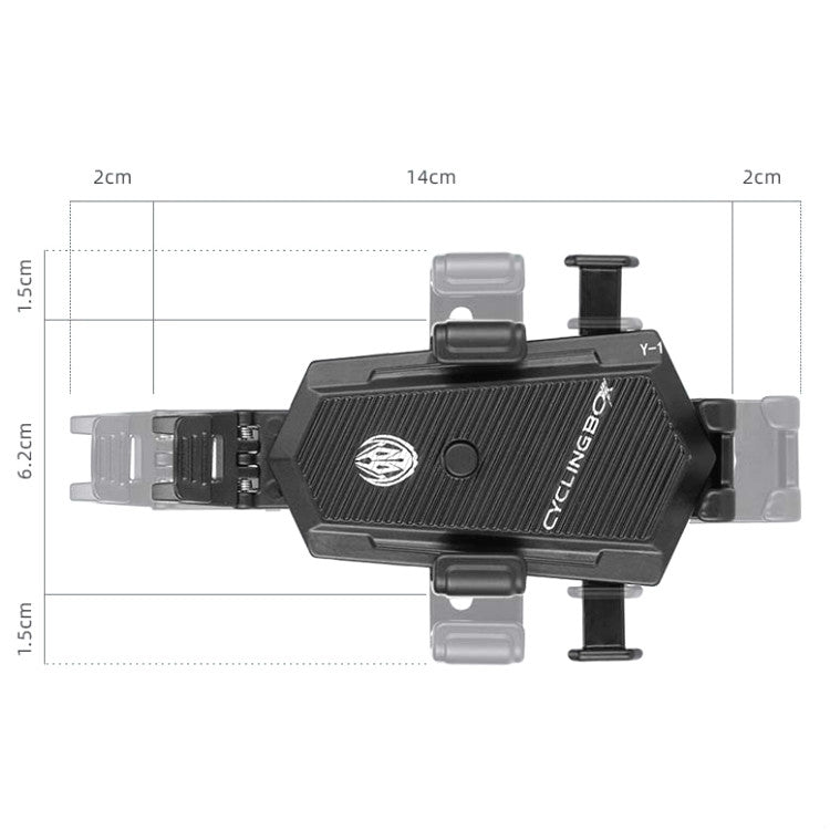 Black bicycle phone holder with dimensions diagram, rotating mount and handlebar clamp