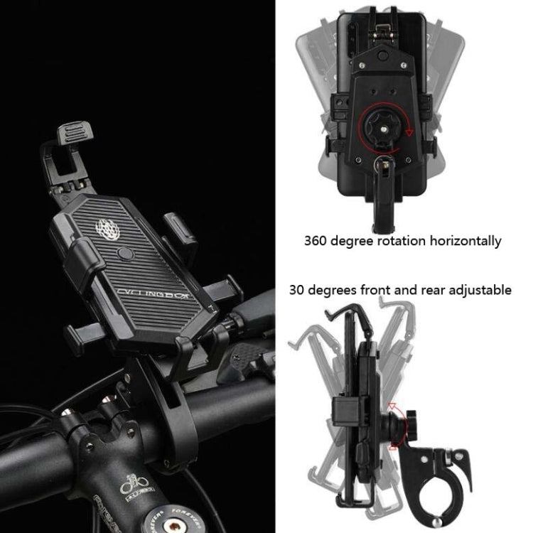 Bike phone holder mount with 360° horizontal rotation and adjustable front/back clamp