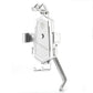 Bicycle phone holder in silver with spring clamp and curved stand for handlebar fitting