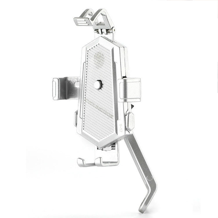 Bicycle phone holder in silver with spring clamp and curved stand for handlebar fitting