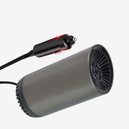 12V car cylinder heater with power plug and side vent, angled view