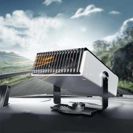 Portable car heater placed on dashboard with vent grille facing forward