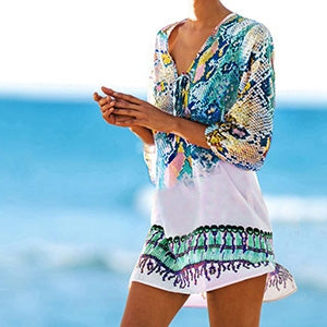 Chiffon snake-print swimsuit cover-up, V-neck, long sleeves, ruffled hem