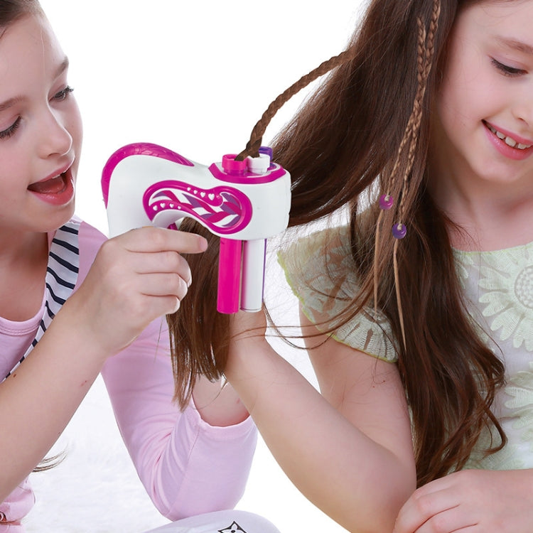 Three-strand hair braid machine in use, pink and white with hair feed guides