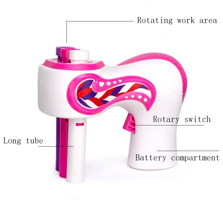 Pink and white three-strand hair braid machine with long tube and rotary switch area