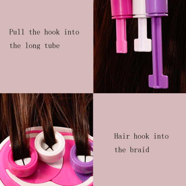 Three-strand braid machine with long tube and pull-out hair hooks