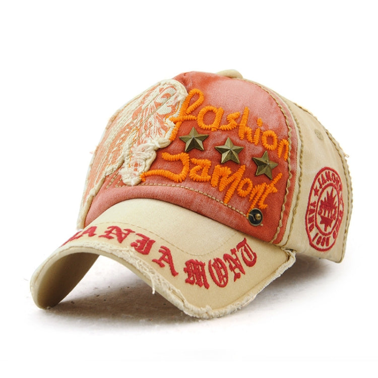 Casual baseball cap in khaki and orange-red with embroidered letters, stars, and rivet details.
