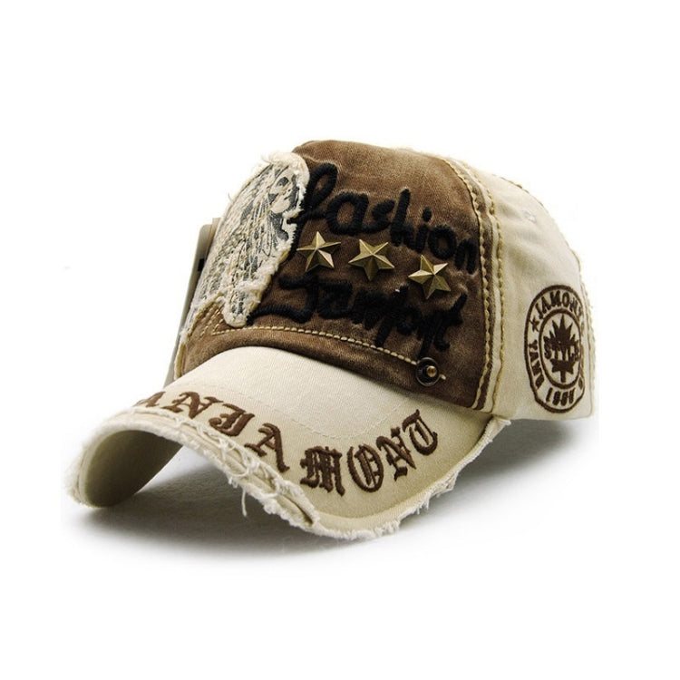 Casual baseball cap in dark khaki with embroidered “Fashion” text, stars, and stitched patches.
