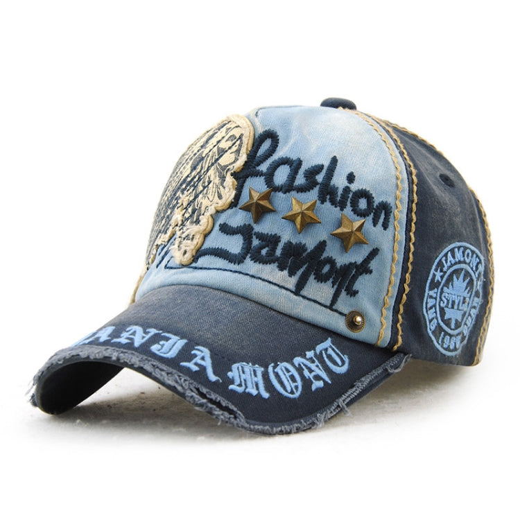Casual baseball cap in light blue and dark blue with embroidered letters, star accents, and patch.