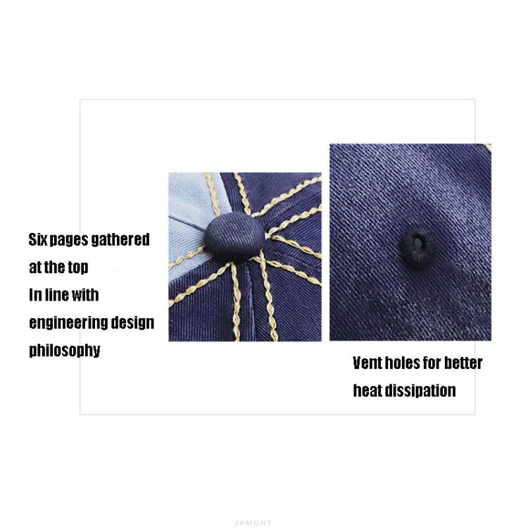 Denim cap with gathered crown and vent holes for ventilation