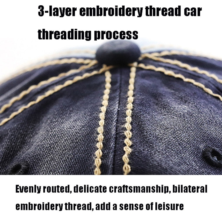 Denim baseball cap with gold embroidery stitching and button top, dark blue