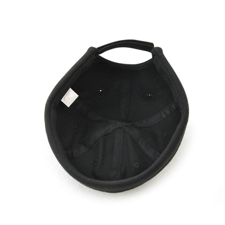 Foldable black brim hat interior with stitched crown lining and size label