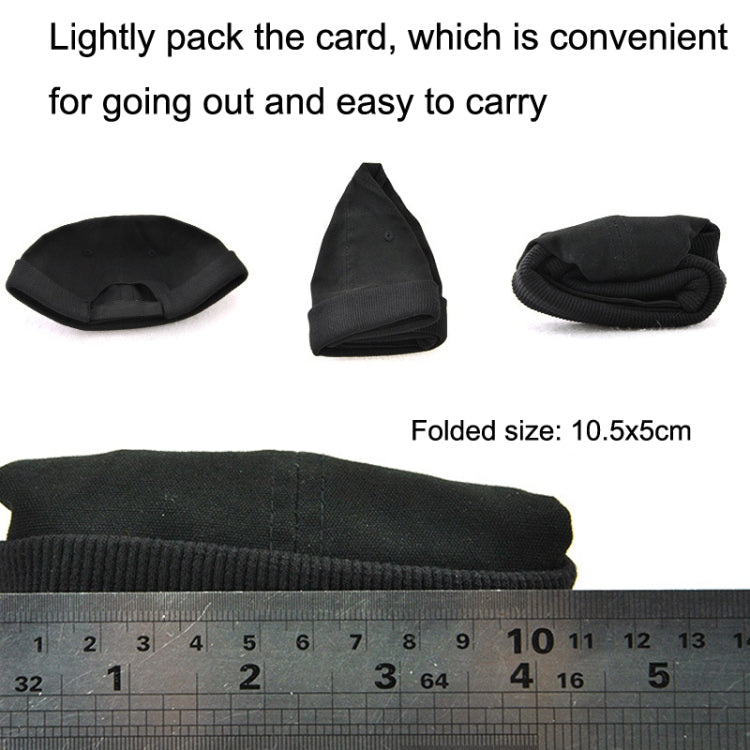 Foldable black hat shown folded flat with ribbed brim and snap pocket style