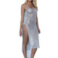 Silver mesh gauze midi strap dress with asymmetrical side slit