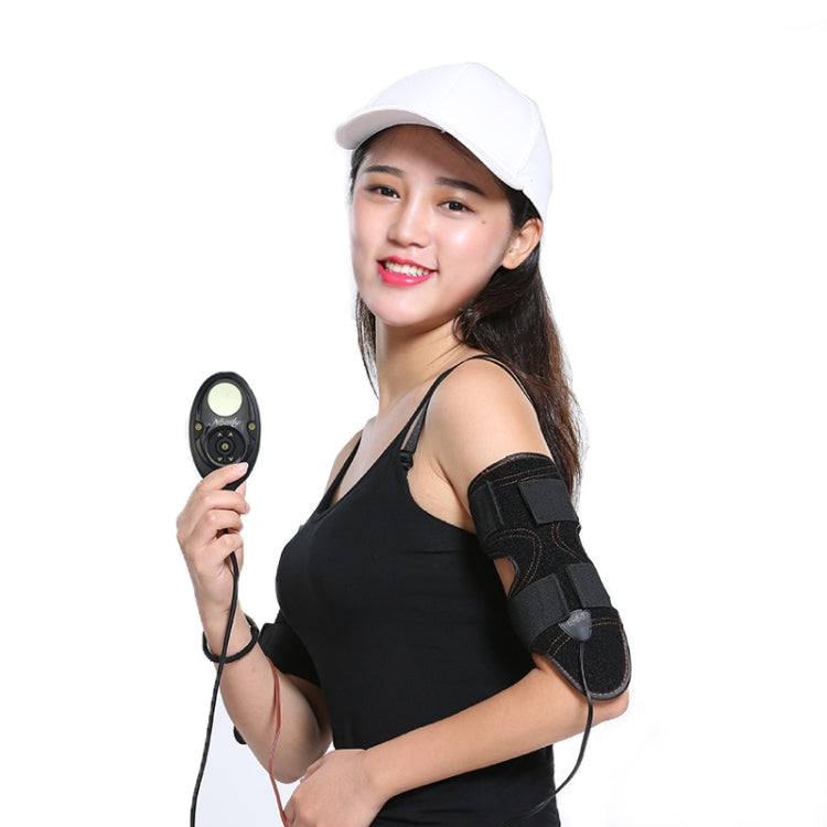 Woman wearing black arm slimming massager cuffs on upper and forearm