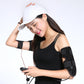 Woman wearing black arm slimming cuffs and holding remote controller