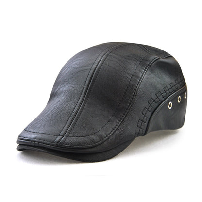 Black PU leather perforated peaked cap with eyelet studs and stitched panels