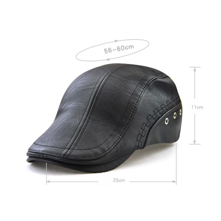 Black PU leather peaked cap, size 56–60 cm shown with brim measurements