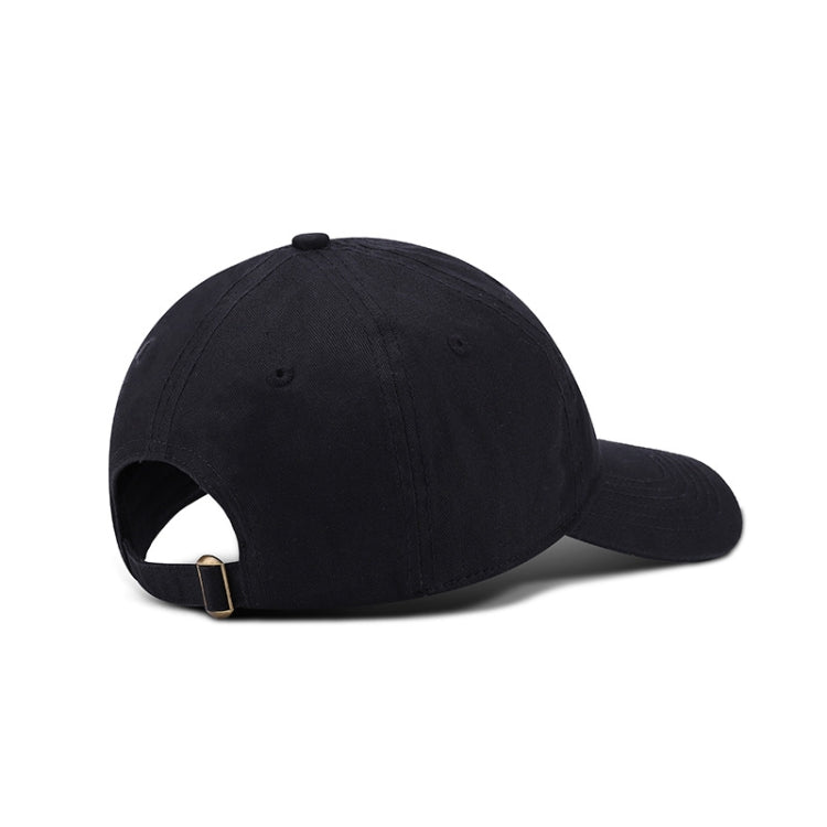 Black baseball cap with adjustable strap and gold-tone buckle, curved brim