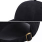 Black baseball cap with interior strap and gold-tone buckle detail