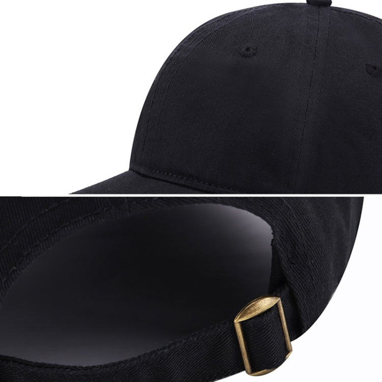 Black baseball cap with interior strap and gold-tone buckle detail