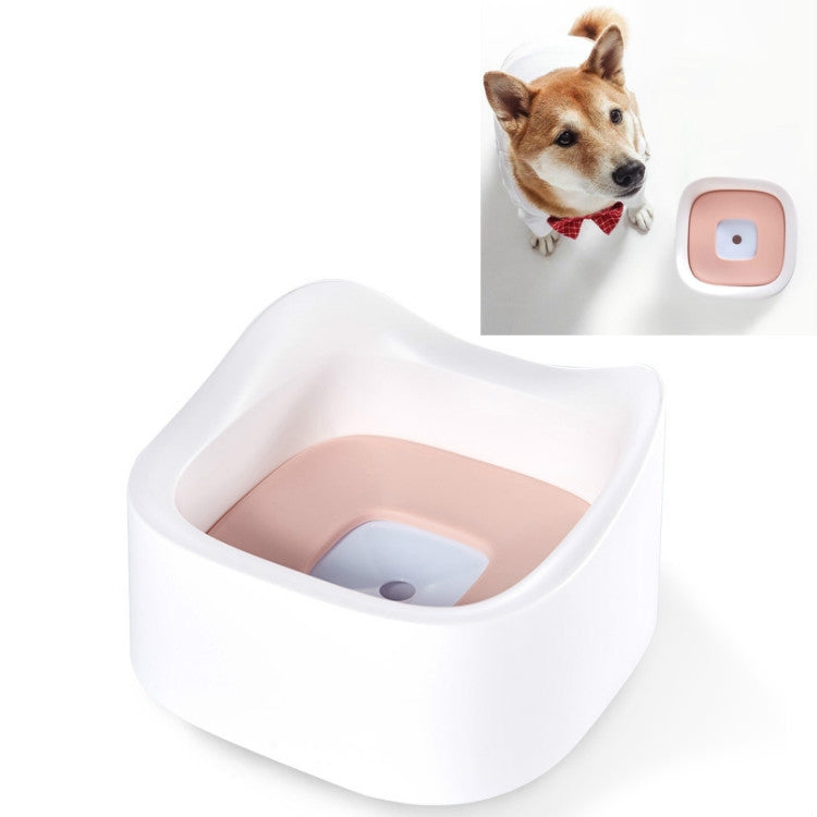 White floating pet drinking bowl with pink interior tray and splash-proof design
